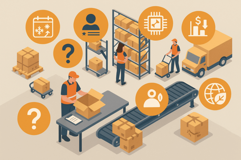 Isometrische Illustration eines Fulfillment-Lagers mit Kartons, Mitarbeitern und Symbolen, die häufige Fehler im E-Commerce verdeutlichen, wie Retouren, Verpackungsprobleme und saisonale Engpässe.