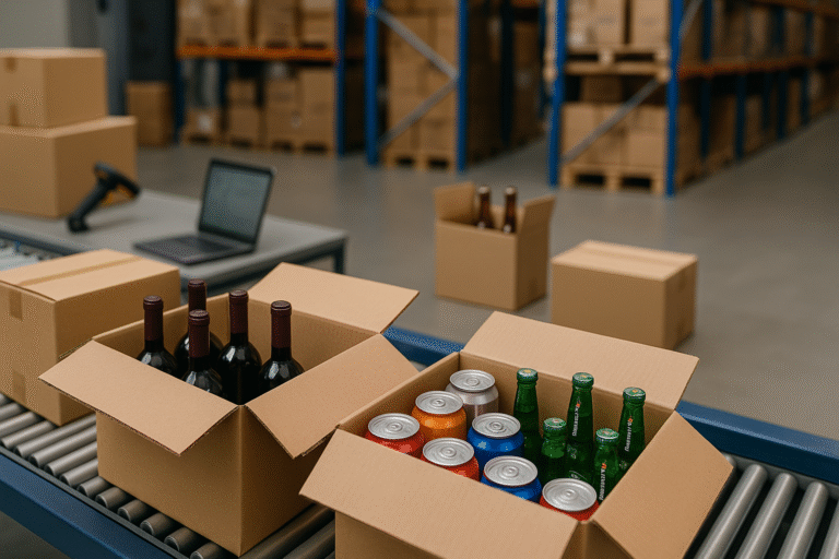 Kartonverpackungen mit Weinflaschen, Softdrink-Dosen und Glasflaschen auf einem Förderband in einem Fulfillment-Lager.
