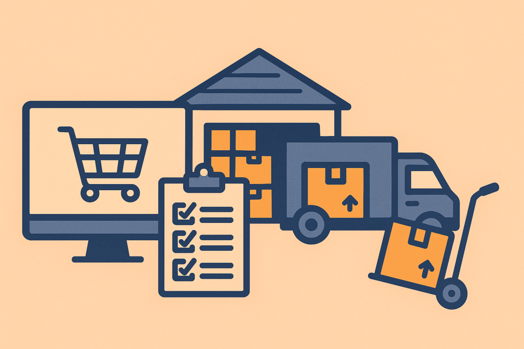 Flat-Design Illustration zum Fulfillment-Prozess für Startups: vom Online-Shop über Lagerung und Verpackung bis hin zu Versand und Lieferung an den Kunden.