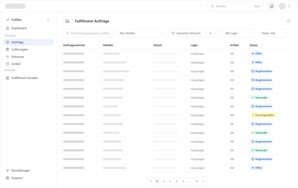 Auftragsübersicht im Fulfillment-Dashboard von Onefulfillment