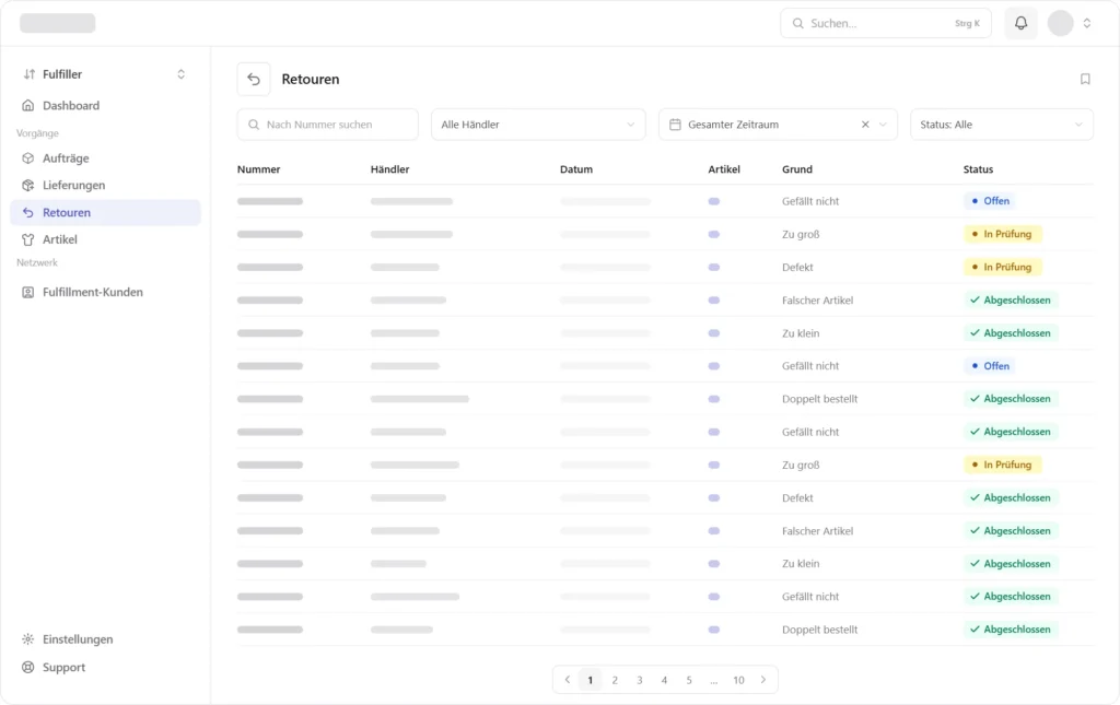 Retourenverwaltung im Fulfillment-Dashboard: Retouren mit Rücksendegrund wie „Gefällt nicht“, „Zu groß“ oder „Defekt“ und Status Offen, In Prüfung oder Abgeschlossen
