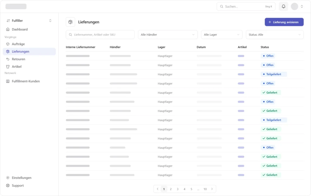Wareneingänge im Fulfillment-Dashboard: angekündigte Lieferungen mit Lager, Datum und Status Offen, Teilgeliefert oder Geliefert sowie Button „Lieferung avisieren“